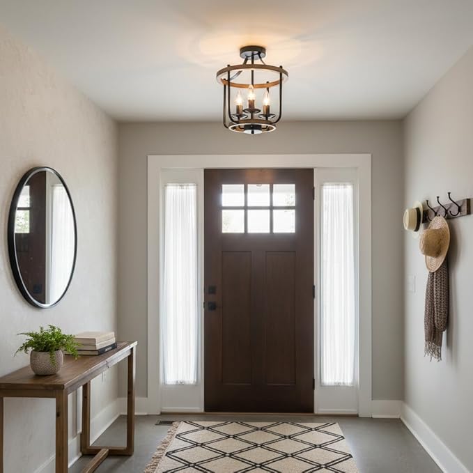 Farmhouse Semi Flush Mount Ceiling Light Fixtures, Industrial Rustic Ceiling Lamp Metal Cage Hallway Light Fixtures(3-Light Wood Finish)