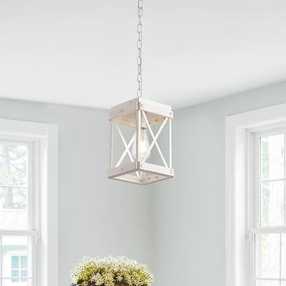Fivess Lighting Modern Farmhouse Antique White Distressed Pendant Light with Wood and Metal Cage, One-Light Adjustable Chains Rustic Mini Pendant Lighting Fixture for Kitchen Island Cafe Bar