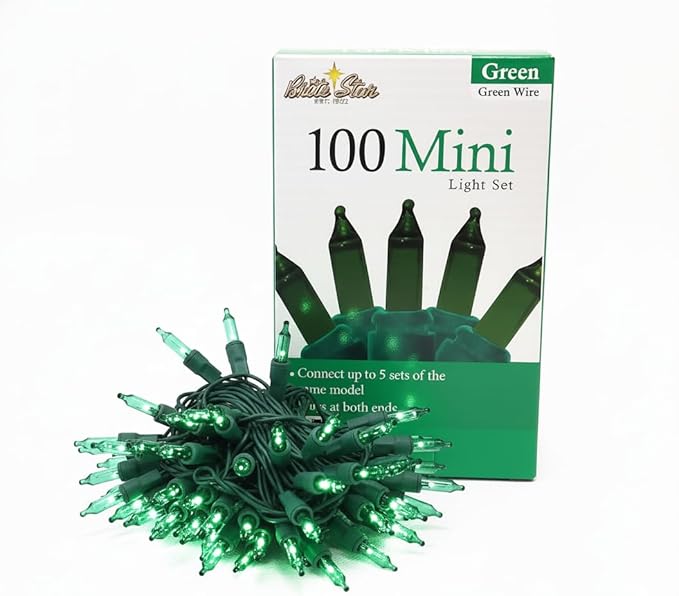 Brite Star 100 Count Mini String Christmas Lights, Green - 22 feet Indoor/Outdoor Christmas Tree Lights with Green Wire