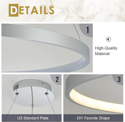 Nickel LED Ring Chandelier 24" Remote Control Dimmable Flush Mount Pendant Chandelier for Dinning Room Office Kitchen Living Room,3000-6500K