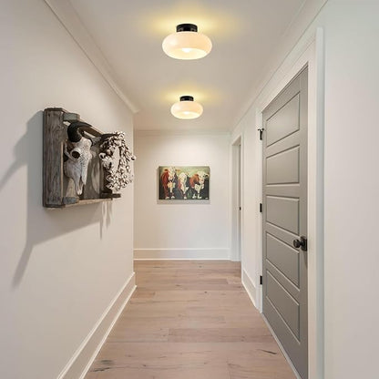 Mid-Century Modern Black Semi Flush Mount Ceiling Light,White Glass Dome Hallway Lighting Fixtures,Metal Close to Ceiling Lamp for Entryway Bathroom Kitchen Bedroom Porch Foyer Office (11 Inch)