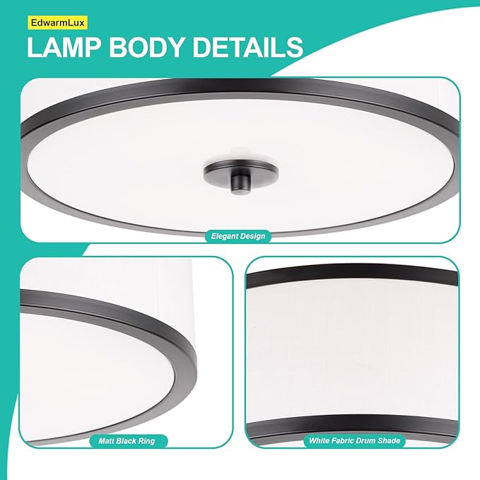 EdwarmLux 3-Light Flush Mount Ceiling Light Fixture, 12.6 " Drum Light with White Fabric Shade, Modern Close to Ceiling Light for Living Room Bedroom Dining Room Kitchen Hallway Entry (Matt Black)