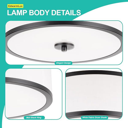 EdwarmLux 3-Light Flush Mount Ceiling Light Fixture, 12.6 " Drum Light with White Fabric Shade, Modern Close to Ceiling Light for Living Room Bedroom Dining Room Kitchen Hallway Entry (Matt Black)