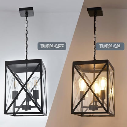 TODOLUZ Large Outdoor Porch Light Adjustable Chain, 3-Lights Modern Outdoor Pendant Lighting in Matte Black Finish, Outside Ceiling Mount Lamp for House Front Door Porch Patio Entryway