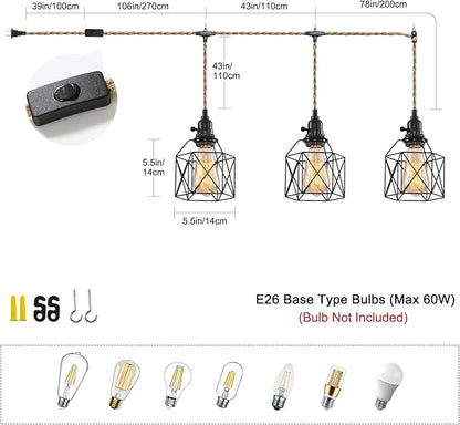 3-Light Hanging Light with Plug in Cord,Plug in Pendant Light Hemp Rope Pendant Lighting Vintage 3-Light Hanging Lamp Fixtures for Kitchen Island Living Room Bedroom