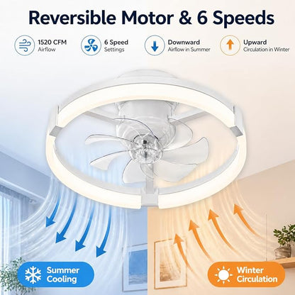23" Low Profile Ceiling Fan with Lights and Remote, Modern White Flush Mount Bladeless Ceiling Fan, App Control Smart Fandelier, 6 Speeds Reversible Motor, Dimmable LED Fan Light for Bedroom, Kitchen