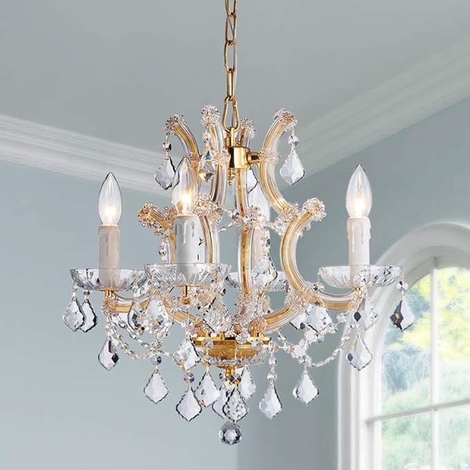 Saint Mossi 4 Light Crystal Maria Theresa Gold Chandelier Light Fixture,Modern Chandelier Crystal Chandelier for Bedroom,Dining Room,Living Room,H17 x W18,Adjustable Chain