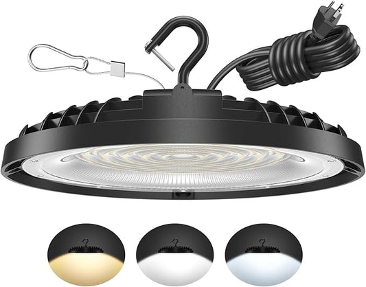 200W UFO LED High Bay Light, Adjustable Wattage 200W/150W/100W, 3-Color Temperature (6500K/5000K/3500K), 28,000LM, AC100-277V, Plug & Play LED Shop Lights Fixture for Warehouse, Garage, Factory