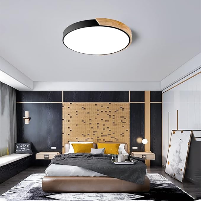 LED Ceiling Light Fixture,16 Inch Modern Wood Recessed Ceiling Lights, Dimmable Light,Black 24W Close to Ceiling Lighting Flush Mount Living Room Bedroom,3000K-6000K