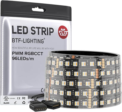 BTF-LIGHTING RGBCCT 5 Colors in 1 LED 5050SMD RGBWW RGB+Dimmable Tunable Color Temperature 2700K-6500K UL Listed 16.4ft 96LED/m 480LED DC24V Multi-Colored IP67 for Decoration(No Adapter or Controller)