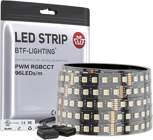 BTF-LIGHTING RGBCCT 5 Colors in 1 LED 5050SMD RGBWW RGB+Dimmable Tunable Color Temperature 2700K-6500K UL Listed 16.4ft 96LED/m 480LED DC24V Multi-Colored IP67 for Decoration(No Adapter or Controller)