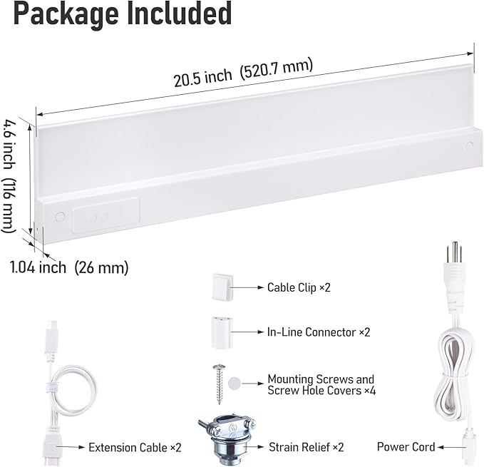 TORCHSTAR Ultra-Slim LED Under Cabinet Lighting Fits 24 Inch Cabinets, 5CCT 16W 1200LM, Hardwired & Plug-in, 120V CRI90 Linkable Dimmable Thin Under Counter Lights for Kitchen, ETL T24, Pack of 2