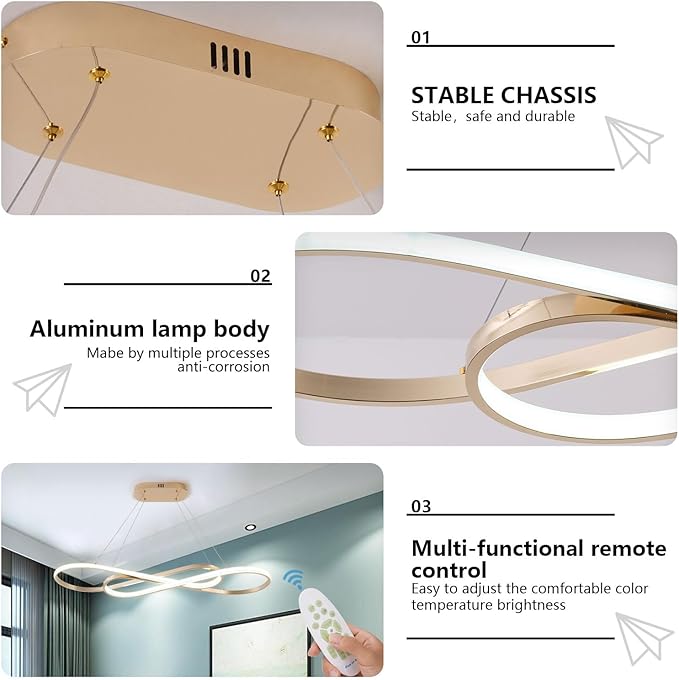 Dimmable Pendant Light for Kitchen Island Lighting,29.53" Modern LED Chandelier, LED Pendant Light with Adjustable Height, Gold Modern Kitchen Chandeliers for Kitchen Island, Dining Room with Remote
