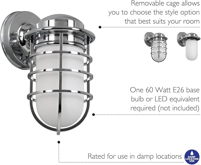 Design House 588947-PC Seaton Classic Industrial 1-Light Indoor Dimmable Wall Light with Removeable Metal Wire Cage and White Opal Frosted Glass for Kitchen Hallway Bedroom Bathroom, Polished Chrome