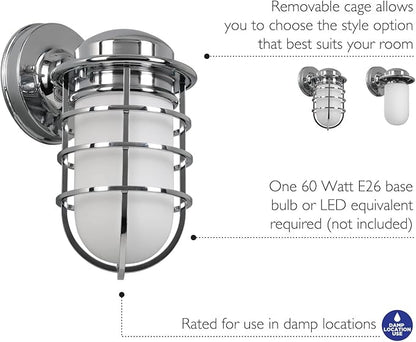 Design House 588947-PC Seaton Classic Industrial 1-Light Indoor Dimmable Wall Light with Removeable Metal Wire Cage and White Opal Frosted Glass for Kitchen Hallway Bedroom Bathroom, Polished Chrome