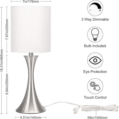 Touch Control Table Lamp, 3-Way Dimmable Bedside Lamp for Living Room, Modern Nightstand Lamp for Bedroom, Silver Table Lamp with White Shade, Desk Lamp for Dorm, Home, Office, 3000K LED Bulb Included