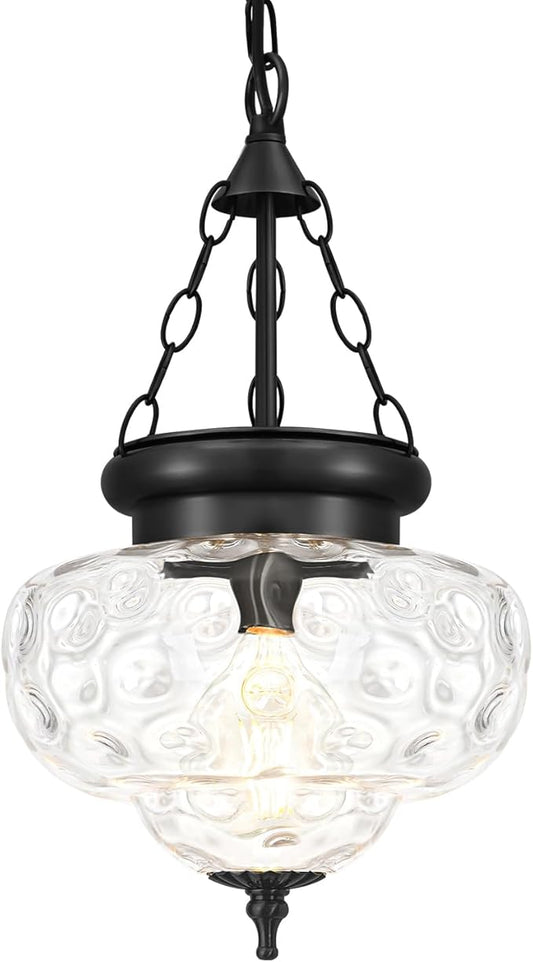 Vintage Pendant Light - Matte Black Pendant Lights Kitchen Island with Hammered Glass Shade, Hanging Lighting Fixtures with Adjustable Hanging Chain for Kitchen, Island, Dining Room, Entryway