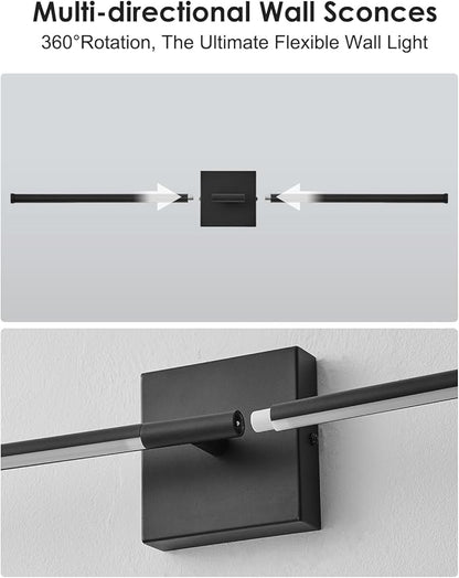 KARTOOSH 24.4 Inch Hardwired Wall Sconces Set of Two, 3000K Warm White Dimmable Modern Wall Sconces, 350° Rotate LED Light Fixtures Wall Lamp for Bathroom Living Room Bedroom Bedside, Black