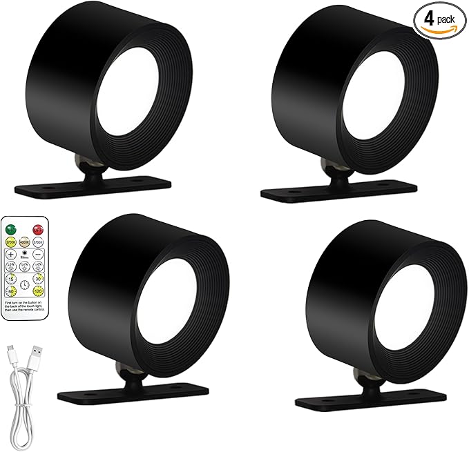 Rechargeable Wall Sconce with Remote & Touch, 360° Rotatable Battery Operated Wall Lights, 3-Color Dimmable, No Drill Adhesive, Ultra Long Battery for Bedroom Reading（Black-4PC）