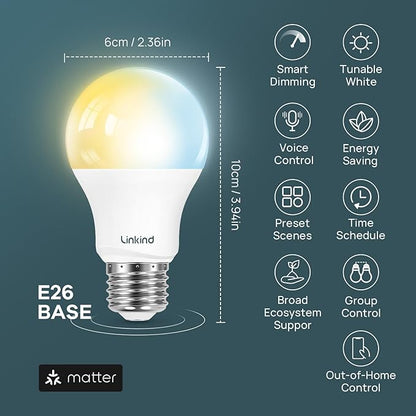 Linkind Matter Smart Light Bulb, Tunable Soft White to Daylight, Compatible with Alexa/Apple Home/Google Home, 2.4GHz Wi-Fi, 800LM 60W Equivalent, A19 E26 6-Pack