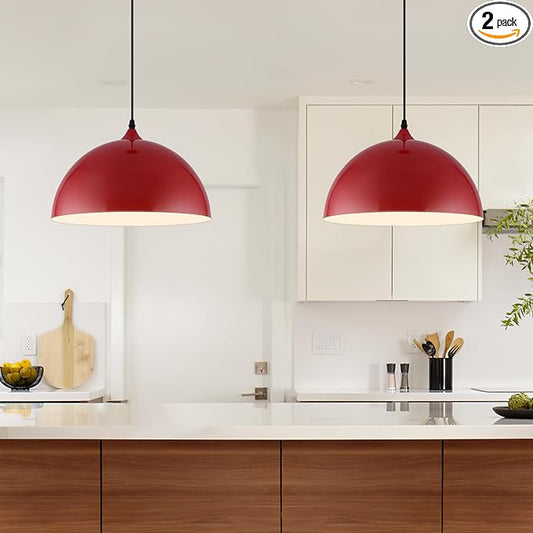 Red Pendant Lights Kitchen Island 2 Pack, 14 Inch Large Dome Pendant Light, Red Farmhouse Pendant Light, Island Pendant Lights for Kitchen, Dining Room, Cafe