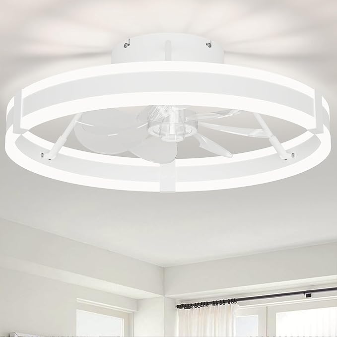 Bladeless Ceiling Fan with Lights,19.7'' 3000-6000K Dimmable 6 Wind Speed Low Profile Led Ceiling Fan, Reversible DC Motor Modern Flush Mount Indoor Kitchen Bedroom Fandelier Ceiling Fans