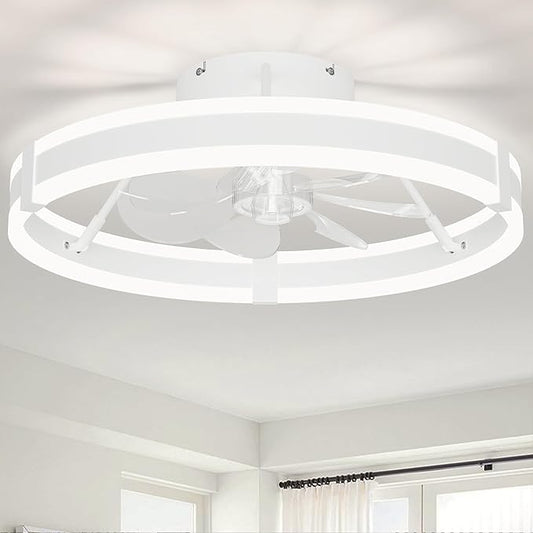 Bladeless Ceiling Fan with Lights,19.7'' 3000-6000K Dimmable 6 Wind Speed Low Profile Led Ceiling Fan, Reversible DC Motor Modern Flush Mount Indoor Kitchen Bedroom Fandelier Ceiling Fans