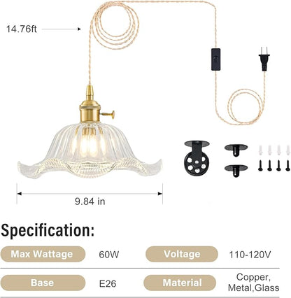 Plug in Pendant Light Vintage 2 Pack, Adjustable Pulley Hanging Lamp with Clear Lily Glass Shade, Brass Hanging Lights with Plug in Cord, Gold Hanging Pendant Light for Bedroom Living Room Kitchen