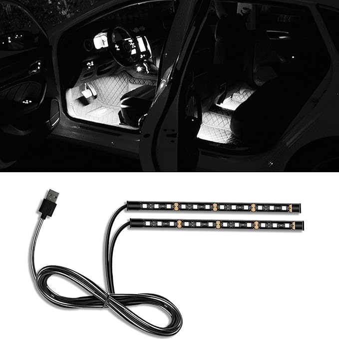 Car LED Strip Light, 24 LED RGB Auto Under Dash Interior Atmosphere Lights, 12V Ambient Night Light, Auto Interior Decorative Lamp, Universal Car Accessories (White, USB Port)