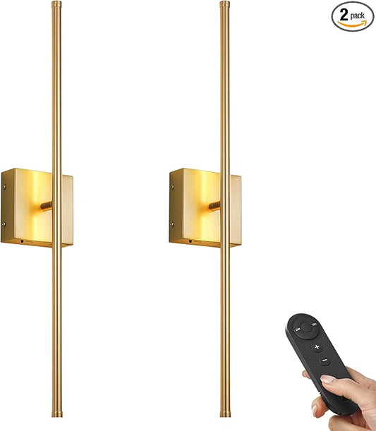 KARTOOSH Battery Operated Wall Sconces with Remote Control, Dimmable Wall Sconces Set of Two, 350°Rotate, 3000K LED Gold Wireless Wall Light for Living Room, Hallway, Bedroom, 24.4 Inch (2 Pack)