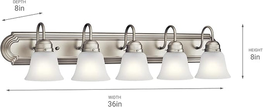 Kichler 36" 5-Light Vanity Bath Light in Brushed Nickel, Modern Bathroom Light with Clear Satin Etched Glass, (36" W x 8" H), 5339NIS