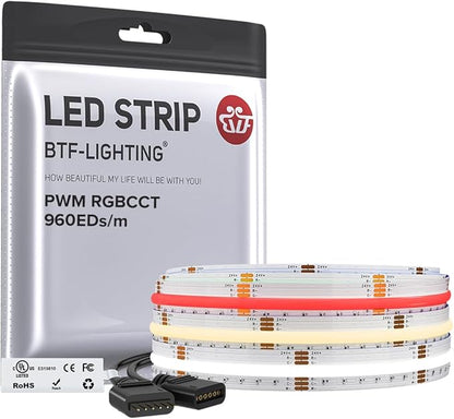BTF-LIGHTING FCOB COB RGBCCT Color Changing LED Strip,UL Listed 960LED/m High Density 9.8FT RGB+Tunable White 3000K-6000K DC24V 12mm Width Flexible Light for Home Decor(No Adapter or Controller)