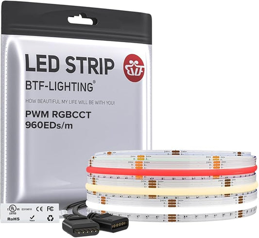 BTF-LIGHTING FCOB COB RGBCCT Color Changing LED Strip,UL Listed 960LED/m High Density 9.8FT RGB+Tunable White 3000K-6000K DC24V 12mm Width Flexible Light for Home Decor(No Adapter or Controller)