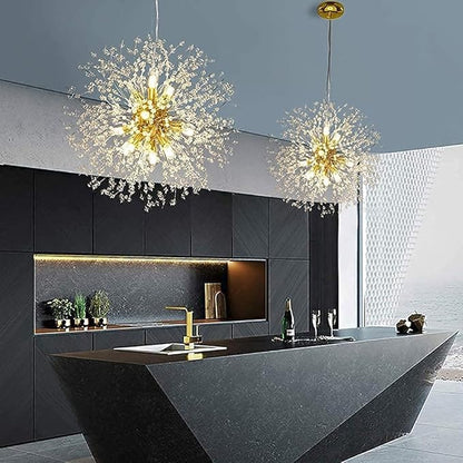 Modern Dandelion Firework Chandelier, Gold Dining Room Chandelier, Crystal Hanging Pendant Lighting Fixture for Living Room, Bathroom, Bedroom, Entryway, 12-Light