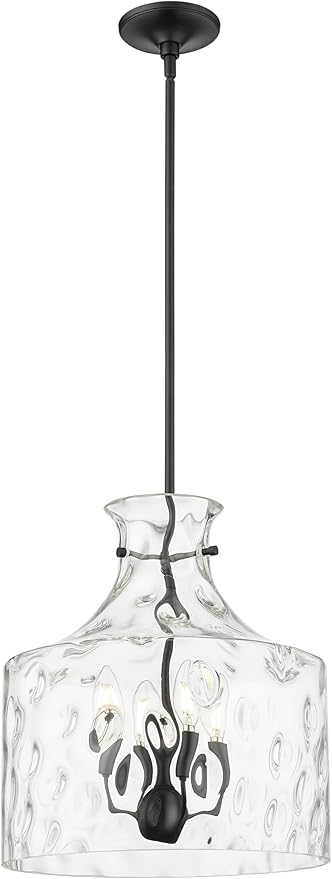 ML Lighting | Santorini Collection | 22604-MB | Indoor 4 Light Metal Pendant in Matte Black with Water Glass Shade | Kitchens, Dining Rooms, Living Rooms, Entryways, Hallways