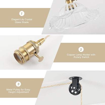 Plug in Pendant Light Vintage 2 Pack, Adjustable Pulley Hanging Lamp with Clear Lily Glass Shade, Brass Hanging Lights with Plug in Cord, Gold Hanging Pendant Light for Bedroom Living Room Kitchen