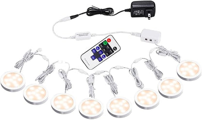 AIBOO Linkable Under Cabinet LED Lighting 12V Slim Aluminum Dimmable Puck Lights with RF Remote Control & UL Listed Plug for Display Bookshelf Lighting(8 Lights, Warm White)
