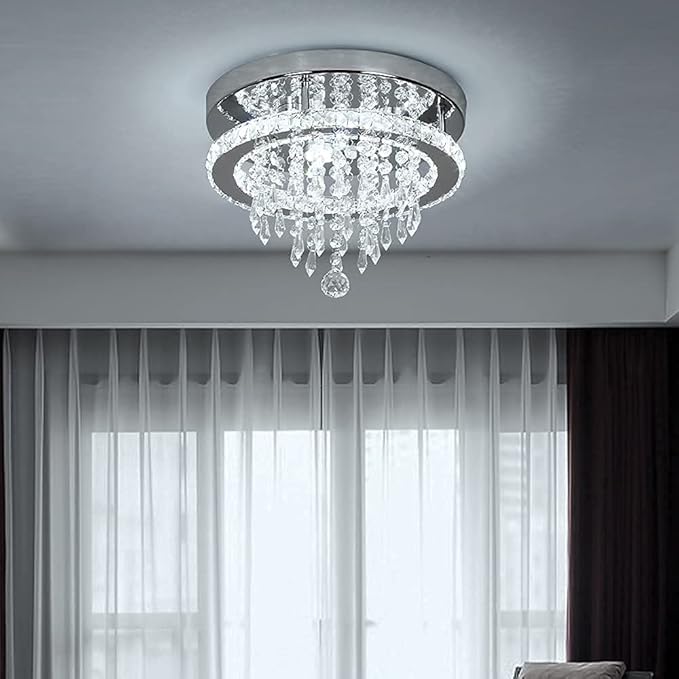 Deckrico Modern K9 Crystal Chandelier 3 LED Lights Stainless Steel Pendant Lamp Flush Mount Light Fixtures for Dining Room Bathroom Bedroom Living Room (Cool White)