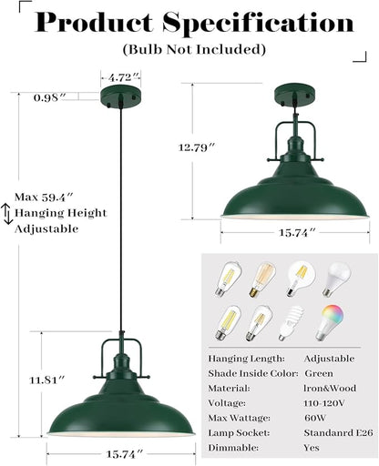 Green Pendant Light Kitchen Island, 16 Inch Large Pendant Lights, Industrial Pendant Lights, Vintage Farmhouse Pendant Light for Kitchen Island, Dining Room, Hallway (1 Pack)