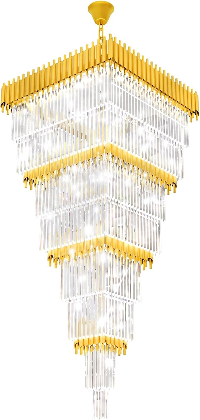 W32 x H94.5 Large Gold Chandeliers for High Ceiling, 25-Light Square Tiered K9 Crystal Raindrop Chandelier, Adjustable Height Luxury Pendant Light for Staircase, Villa Foyer, Entryway