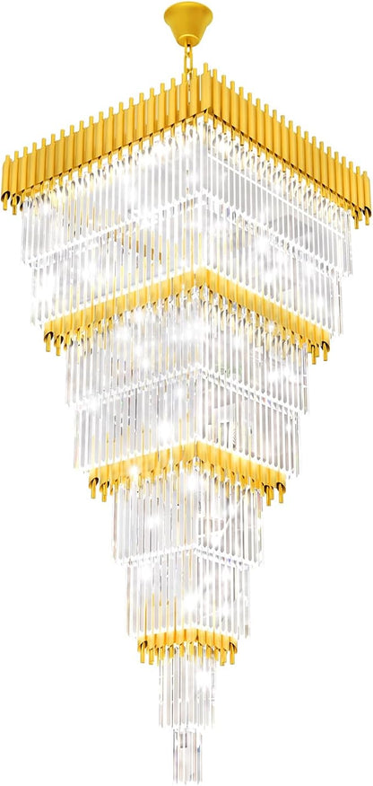W32 x H94.5 Large Gold Chandeliers for High Ceiling, 25-Light Square Tiered K9 Crystal Raindrop Chandelier, Adjustable Height Luxury Pendant Light for Staircase, Villa Foyer, Entryway