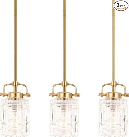 ALICE HOUSE 3 Pack Mini Modern Pendant Lights for Kitchen Island, Brushed Brass Glass Hanging Lamp, Contemporary Coastal Pendant Lighting for Dining Room, ETL Listed, AL2218-P3