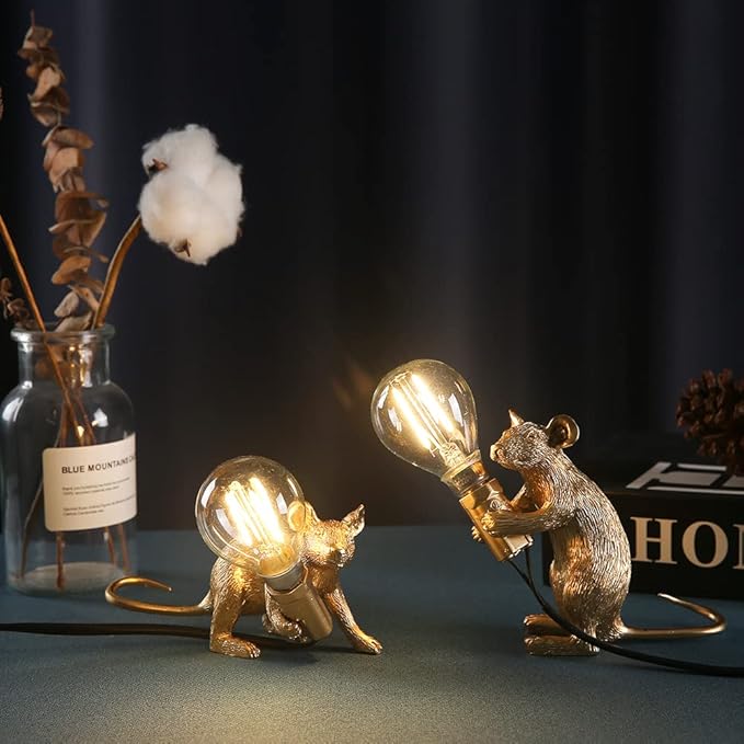 NorDiem Modern Cute Art Mouse Table Lamp Children's Bedside Gift Mini Mouse Lamp LED Resin Animal Small Mice Desk Lights (Gold Sitting)