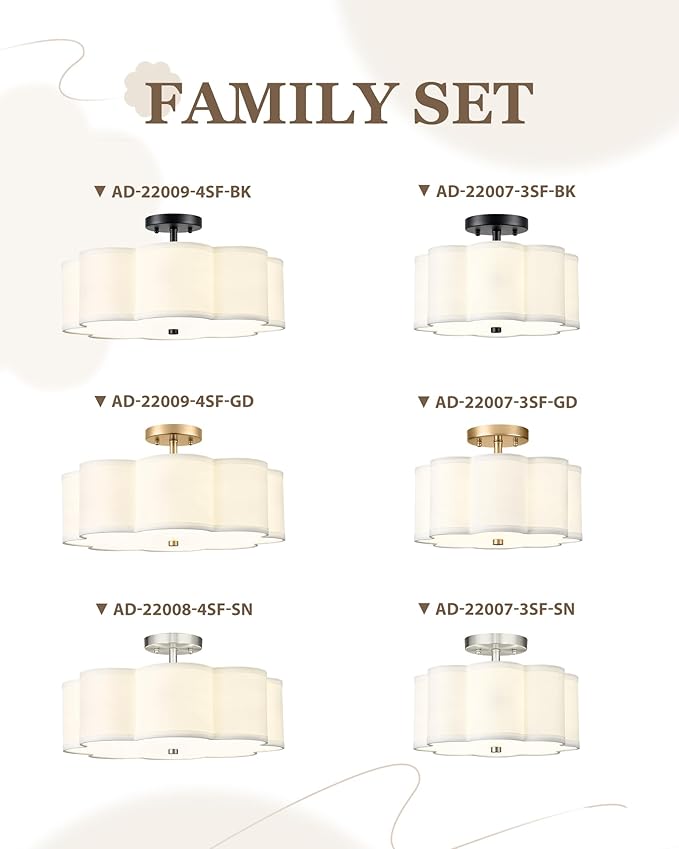 Gold Semi Flush Mount Ceiling Light, 3-Light 12.5" Ceiling Lighting Fixtures with Fabric Shade in Flower Shape, Farmhouse Brass Drum Lights for Nursery Hallway Bedroom, AD-22007-3SF-GD
