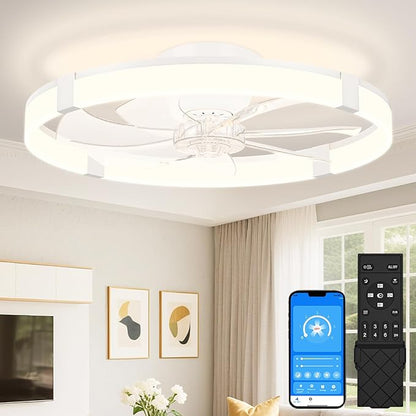 VOLISUN Low Profile Ceiling Fans with Lights and Remote, 23.6in Flush Mount Ceiling Fans with Light, 3000K-6500K Dimmable Fandelier Ceiling Fan, White Bladeless Ceiling Fan for Bedroom