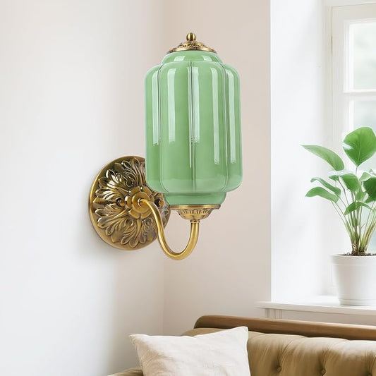 Vintage Wall Sconce, Green Milk Glass Light Fixture, 5.5In Art Deco Antique Wall Sconce for Bedroom Bathroom Living Room Hallway Entryway, E12 LED Bulb Included, Antique Gold & Green 1 Pack