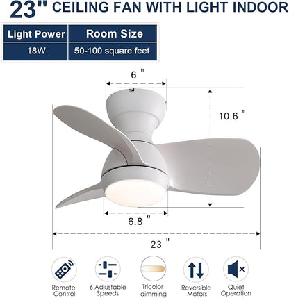KEIKI 23 Inch Ceiling Fans with Lights & Remote Indoor, Outdoor Modern Ceiling Fan, Small Noiseless Fan w/Dimmable & Timer for Bedroom & Kitchen, 3 ABS Blades & 6 Speed Reversible DC Motor, White
