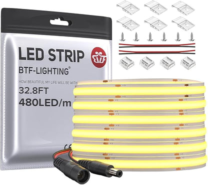 BTF-LIGHTING FCOB COB LED Strip Flexible High Density Uniform Light 9W/m 32.8FT DC24V Natural White 4000K 480LED/m CRI 90+ 8mm Width for Home Indoor Decor(No Adapter or Controller)