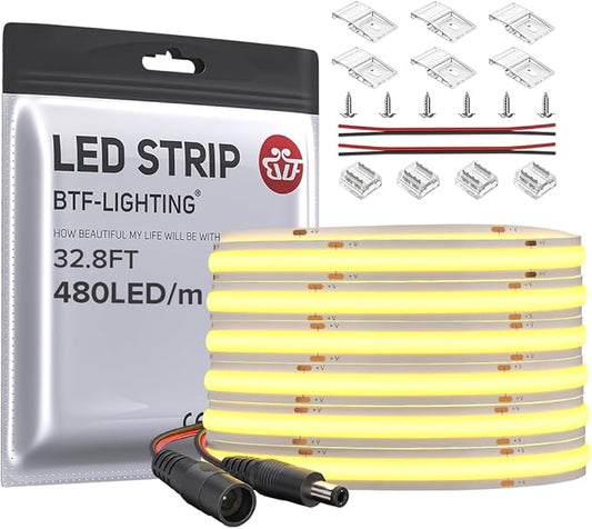 BTF-LIGHTING FCOB COB LED Strip Flexible High Density Uniform Light 9W/m 32.8FT DC24V Daylight White 6000K 480LED/m CRI 90+ 8mm Width for Home Indoor Decor(No Adapter or Controller)