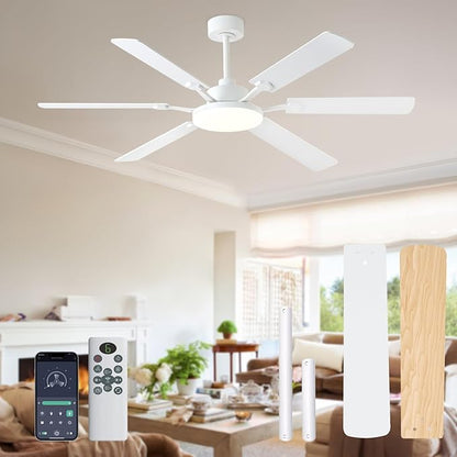 60 Inch Ceiling Fans with Lights, Large Modern White Ceiling Fan with Light and Remote Control, 6 Double Sided Blades, 6 Speed Reversible Motor, Dimmable LED, Silent Timing, Indoor Outdoor Patio Use